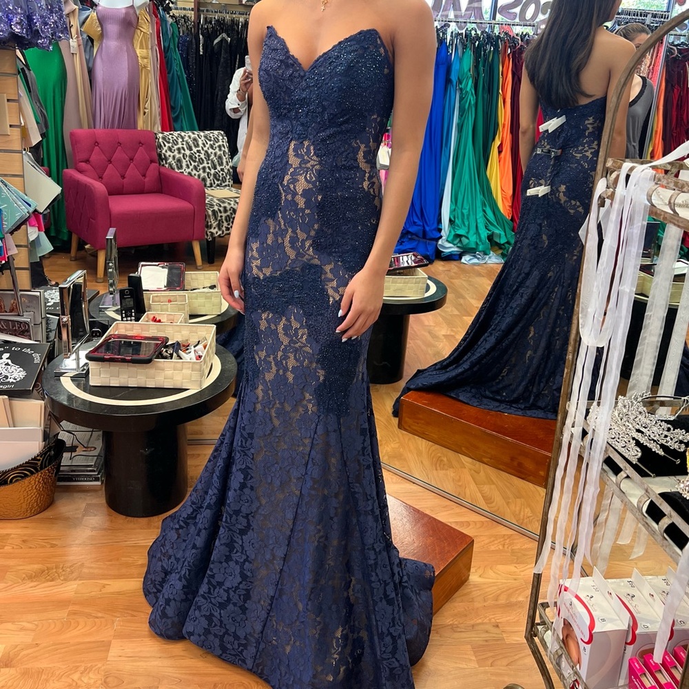 Jovani Blue Strapless Sweetheart Gown